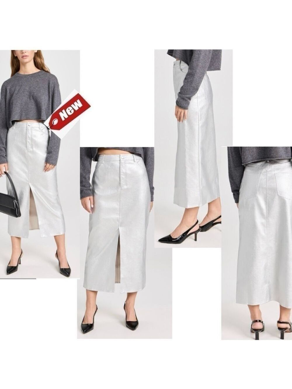 WAYF metallic silver faux leather high waisted midi pencil skirt front slit M
